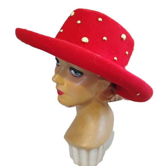 80s 90s Vintage Red Bollman Wool Hat with Gold Studs, Size 23 - Picture 1 of 5